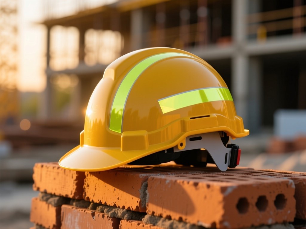 A single sturdy safety helmet resting on stacked bricks at golden hour. The helmet's reflective stripes catch the warm light. Soft background bokeh of a construction site. No people.