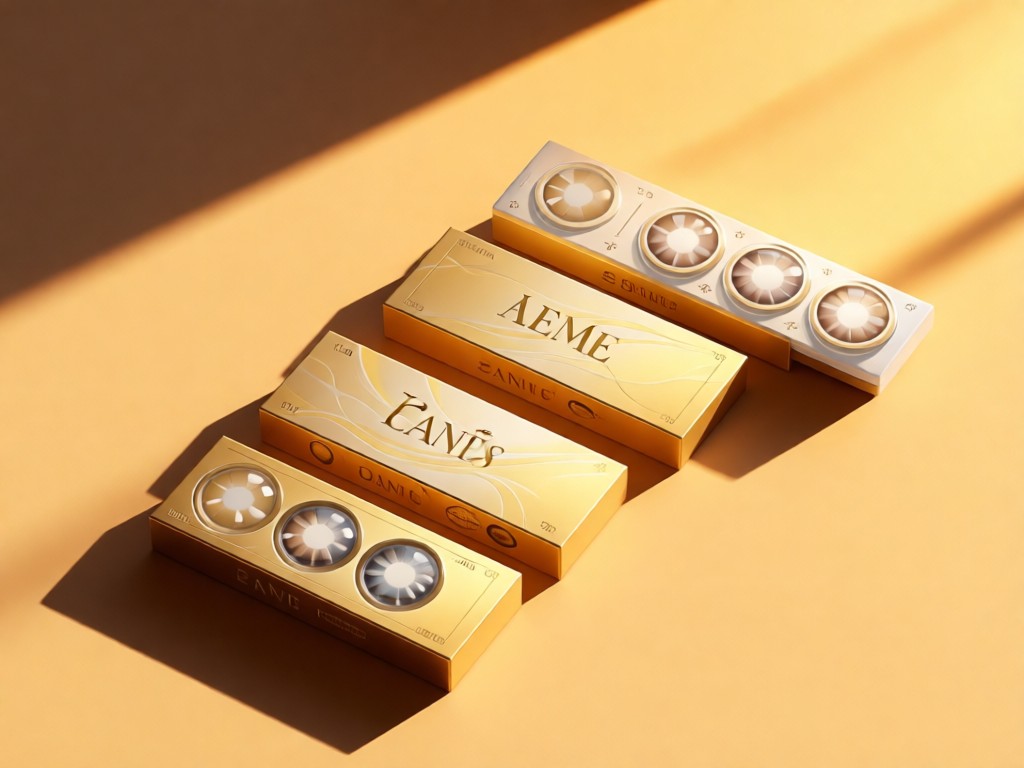 Stylized flat lay of premium contact lens packaging with subtle branding. Warm golden hour lighting creates soft shadows. Arranged diagonally with ample negative space. No people.