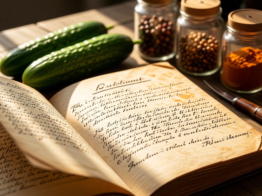 An open handwritten recipe book beside cucumber bunches and spice jars. Sunlight illuminates faded ink on aged paper. Shallow depth of field. No people.