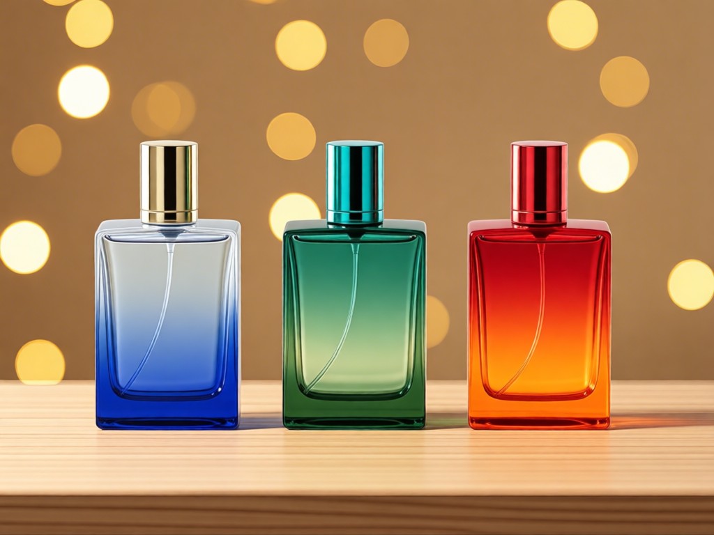 Three distinct perfume bottles in gradient colors on a light oak shelf. Soft focus background with golden bokeh lights. Clean composition. No people.