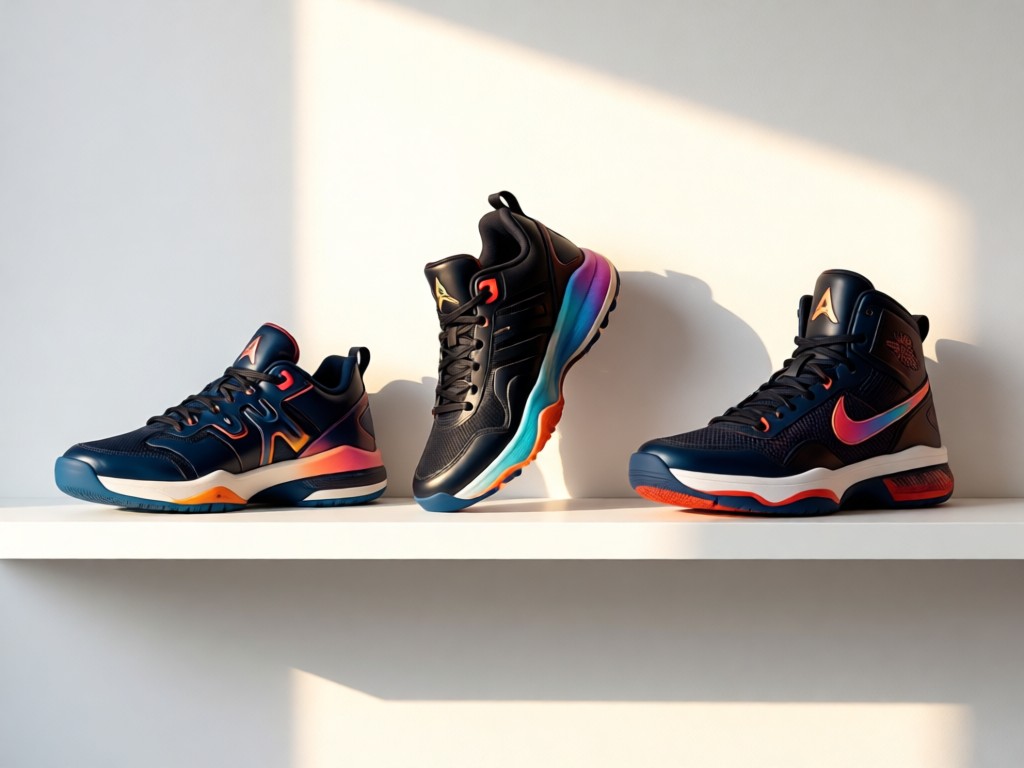 Minimalist shelf displaying three basketball shoes at different angles. Soft afternoon light highlights textures and color gradients. Clean white background. No people.