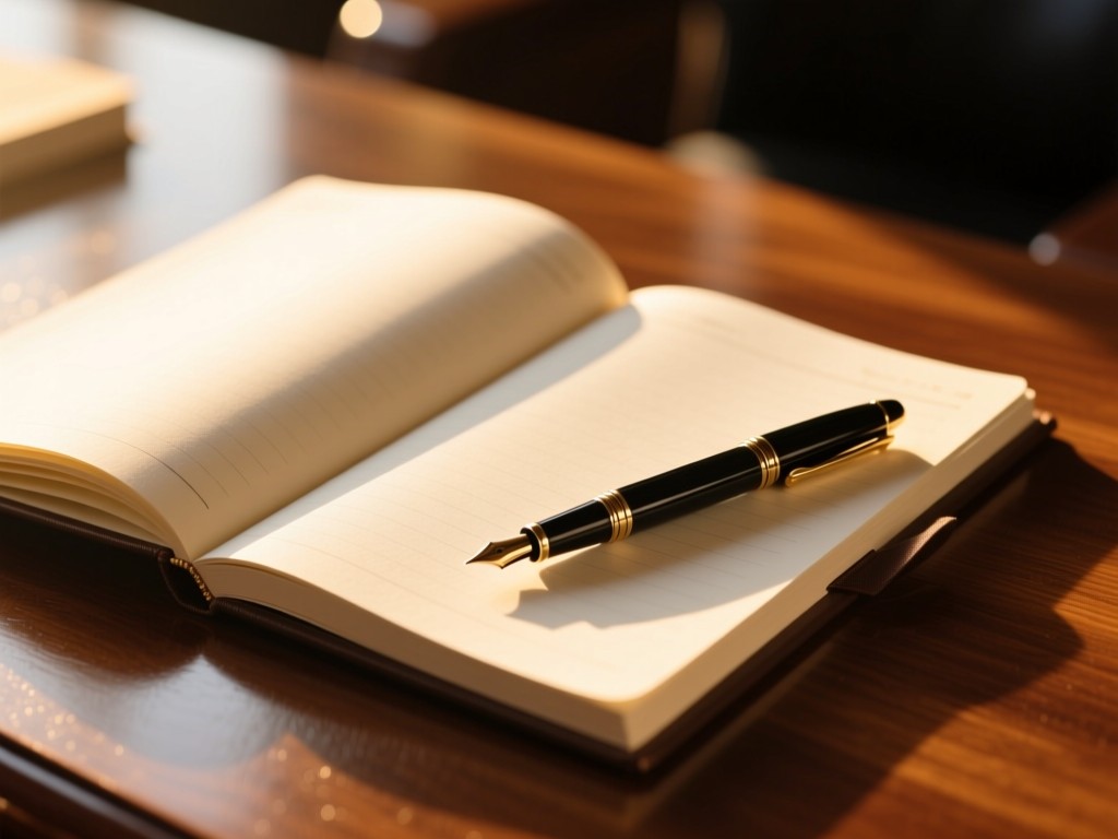 An open legal pad and fountain pen on a polished wood surface during golden hour, sunlight highlighting blank pages, shallow depth of field, warm professional tones.