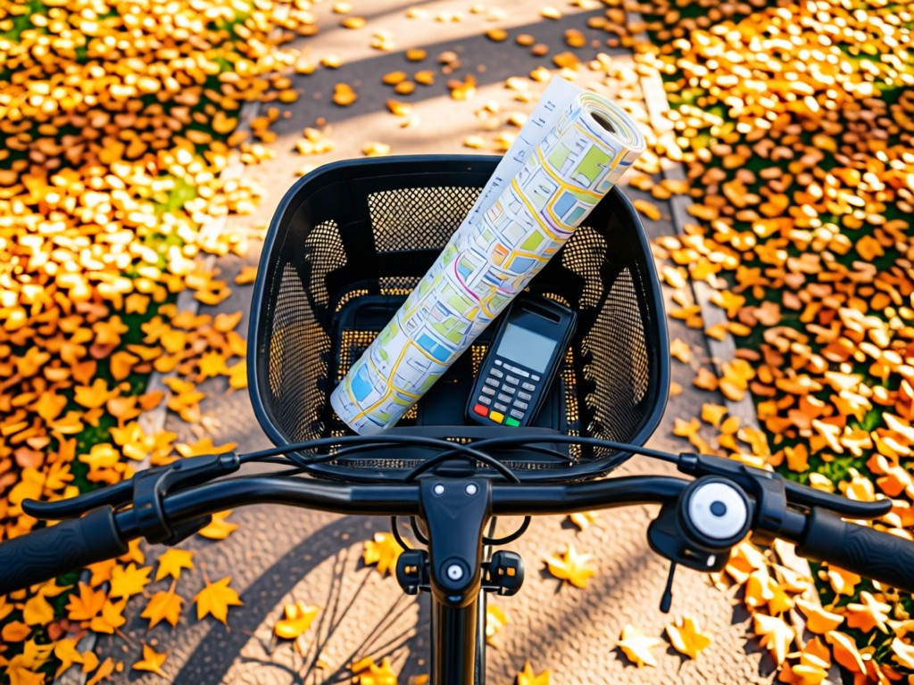 An aerial view of a delivery bike's front basket holding a neatly rolled city map and payment scanner. Surrounded by fallen leaves in a sunlit park. Symbolizes preparedness and mobility. No people.