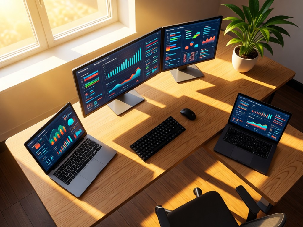 An aerial view of a clean desk with multiple devices showing synchronized data dashboards. Golden morning light creates warm pools across the workspace, with a single plant adding life. The arrangement symbolizes integrated insights.