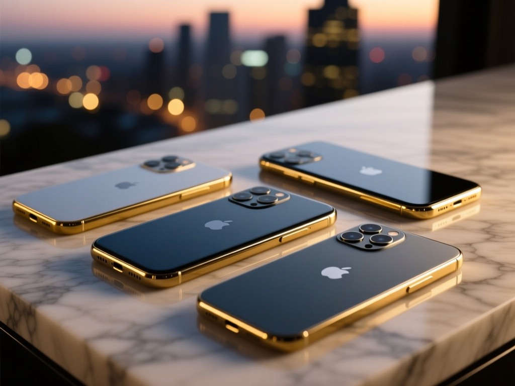 Three sleek smartphones arranged diagonally on a marble surface at dusk, golden highlights on edges, blurred city lights in background, minimalist tech aesthetic.
