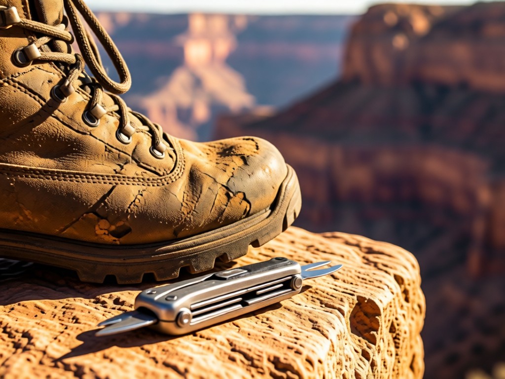 Close-up of weathered hiking boots beside a multi-tool on a rocky ledge. Sunlight glints off the metal. Canyon walls blur in the background. Warm desert tones. No people.