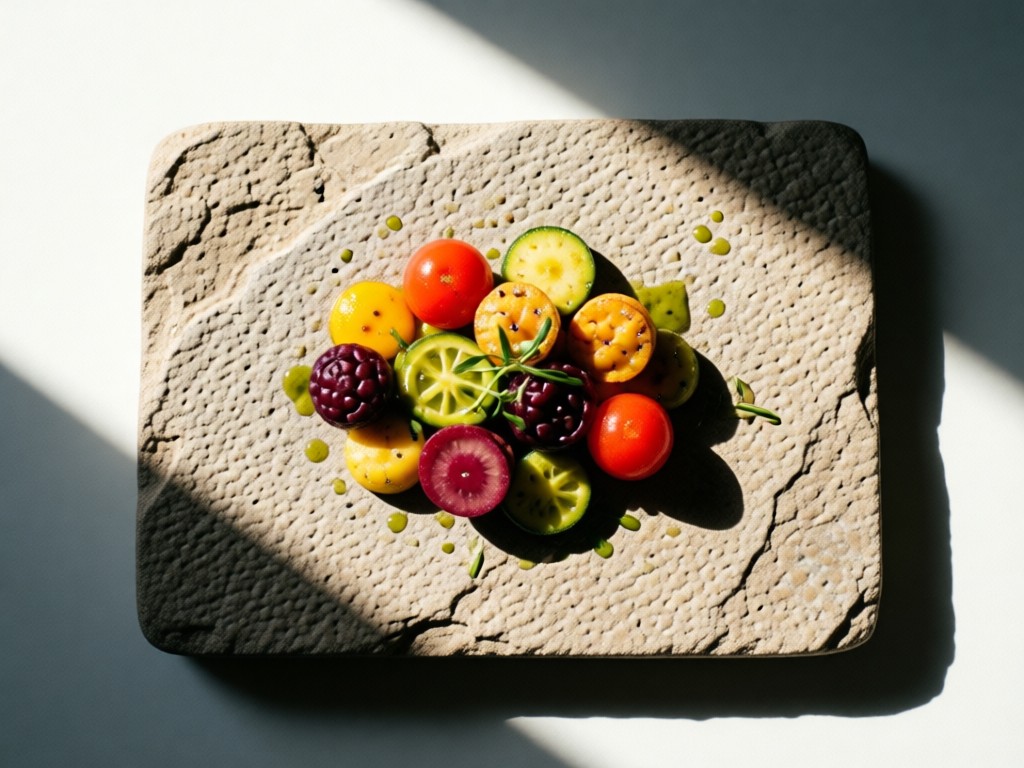 An overhead shot of a beautifully plated dish on a textured stone slab. Natural light emphasizes vibrant food colors and textures. Minimalist composition with negative space.
