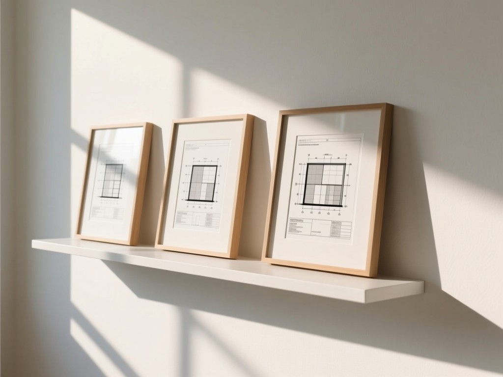 A floating shelf displaying three framed project diagrams against a sunlit white wall. Soft shadows create depth while maintaining minimalist composition. No people.