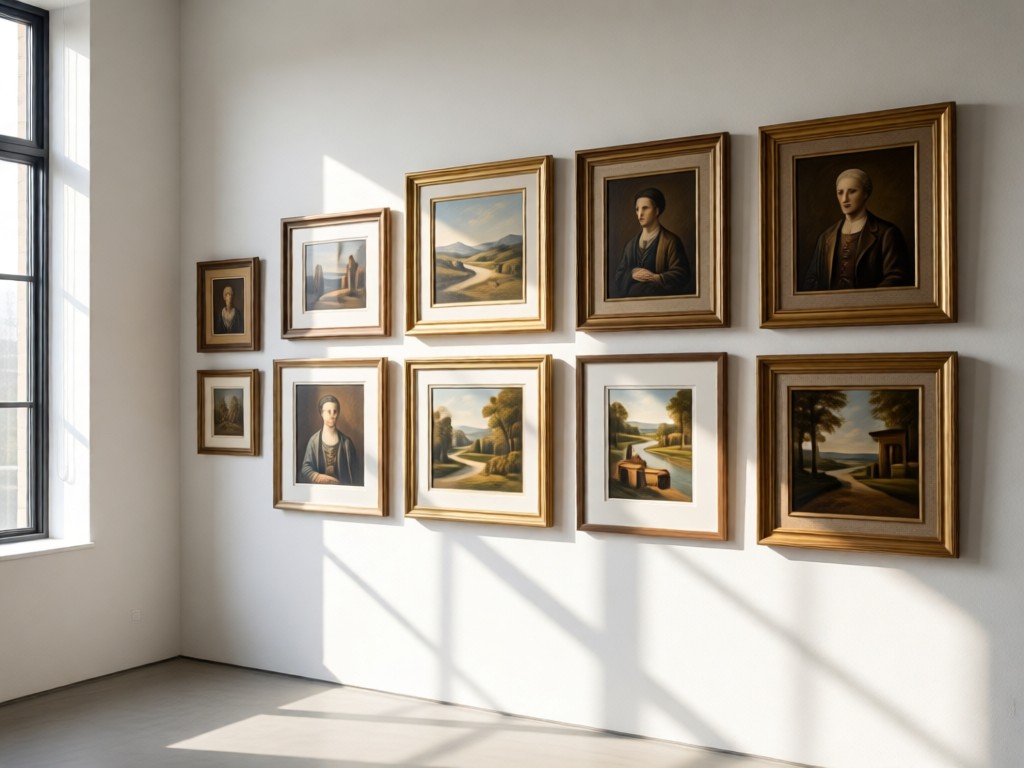 A clean gallery wall displaying framed artwork in natural light. Each frame perfectly aligned with ample negative space. Soft shadows emphasize texture. No people.