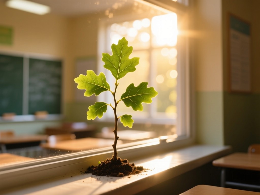 A single oak tree sapling in a sunlit classroom windowsill during golden hour, small green leaves catching light, symbolizing student growth, warm bokeh background, no people.