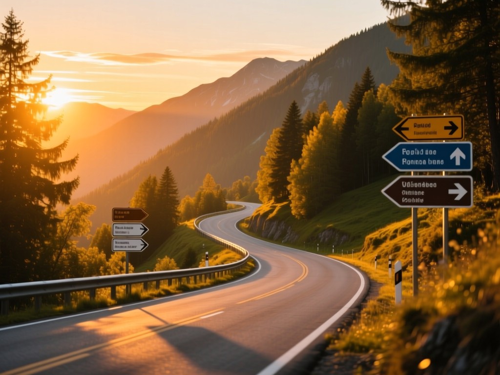 A winding mountain road at sunset with signposts pointing to scenic destinations, golden light filtering through trees, vibrant natural colors, shallow depth of field, no vehicles or people.