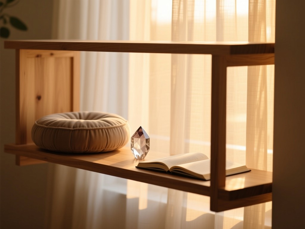 A minimalist wooden shelf holding a meditation cushion, crystal, and open journal during golden hour, soft sunlight streaming through sheer curtains, shallow depth of field, warm natural tones, no people.