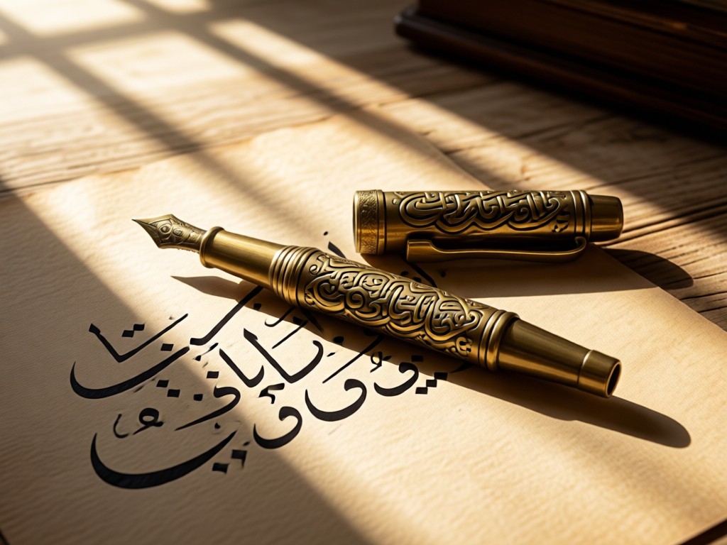 Vintage brass Persian calligraphy pens resting on handmade paper with Farsi script. Soft window light creates long shadows on a textured surface. No people.