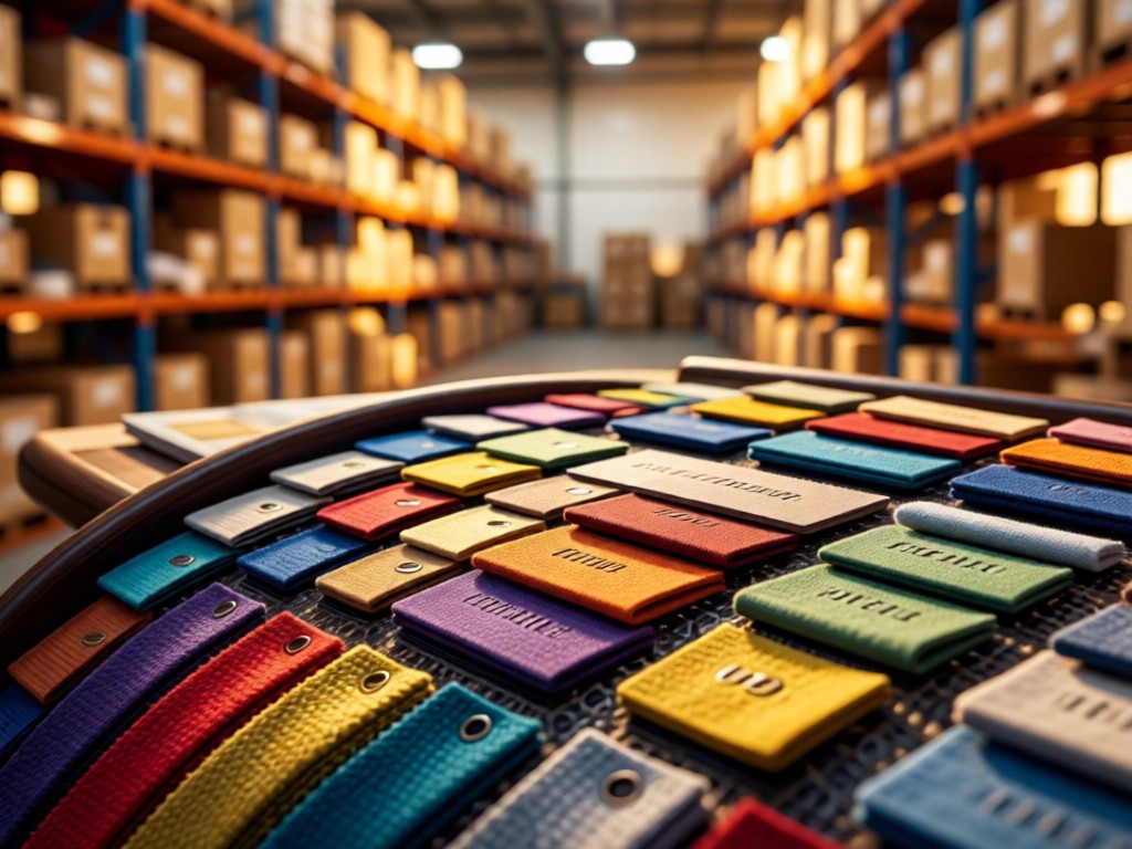 Close-up of organized color-coded tags on furniture fabrics. Soft focus background shows warehouse shelves in golden hour light. Textures of fabric samples dominate the frame.