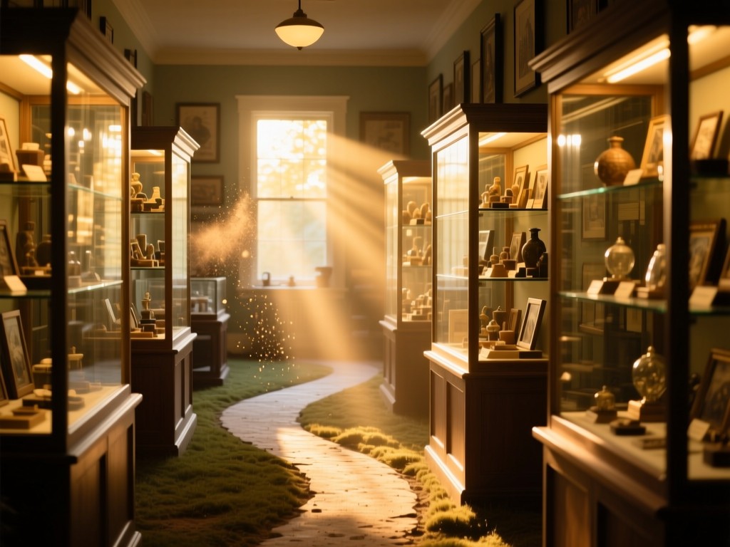 A winding path through a sunlit collectibles room with glass display cases, golden hour rays hitting dust motes, symbolic of discovery, warm lighting, no people.