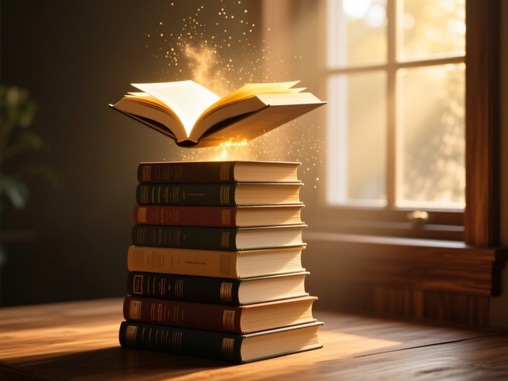 A towering stack of hardcover books with a single glowing page hovering above, golden hour light streaming through a window, dust particles visible, warm wood tones, minimalist composition.