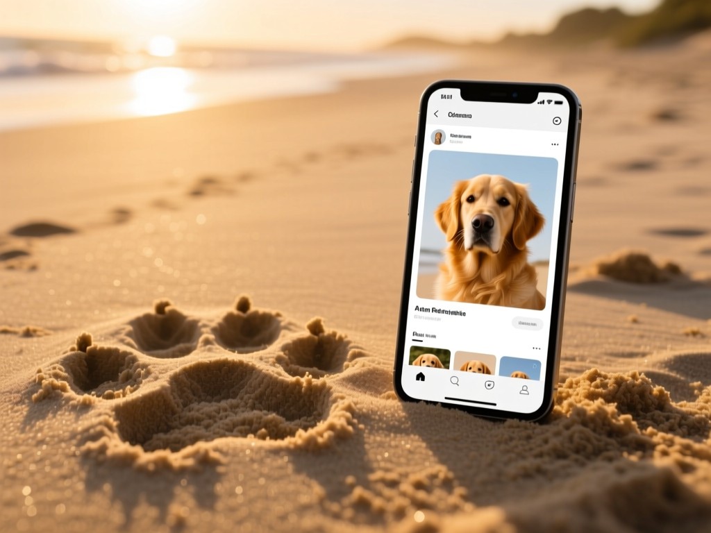 A golden retriever's paw print in soft sand at golden hour, with a clean modern smartphone showing a dog portfolio beside it, warm sunlight, shallow depth of field, no people.