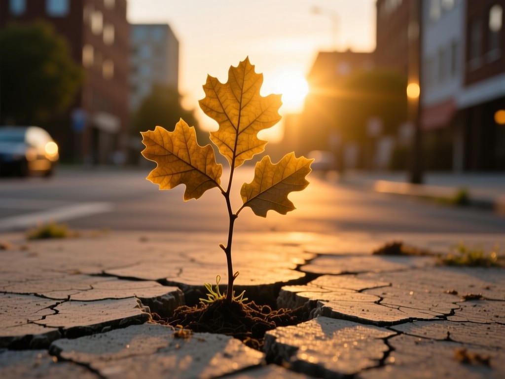 A single oak sapling growing from cracked concrete under sunset light, symbolizing grassroots political growth, warm golden tones, shallow depth of field, urban environment backdrop.