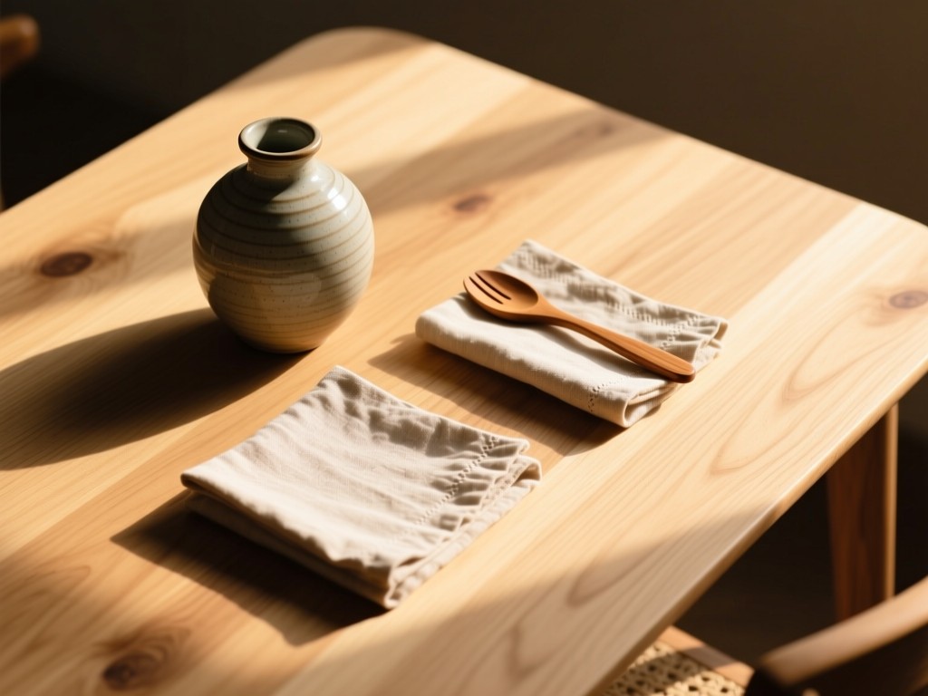 Flat lay of three stylish products on a light oak table: ceramic vase, linen napkins, wooden utensil. Soft shadows and golden hour lighting. No people.