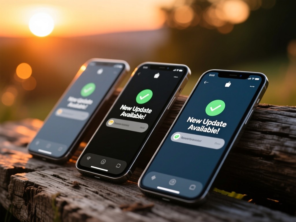Three smartphones displaying synchronized 'New Update Available' notifications. Arranged diagonally on rustic wood surface at sunset. Warm bokeh background.