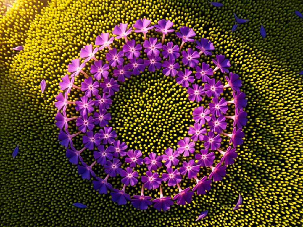 Aerial view of heliotrope petals arranged in a perfect circle on moss. Golden hour light emphasizes the color's depth. Symbolizes focus and curated beauty. No people.