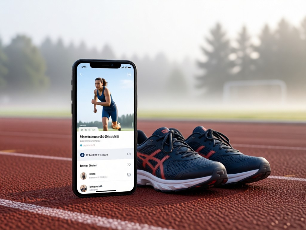 A smartphone displaying a clean athlete profile beside a pair of running shoes on a track field. Early morning mist with soft focus background. No people.