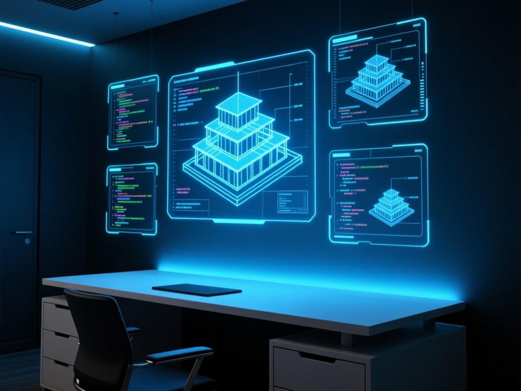 Floating holographic screens displaying code architecture diagrams above a minimalist desk. Blue light accents in a dark room setting.