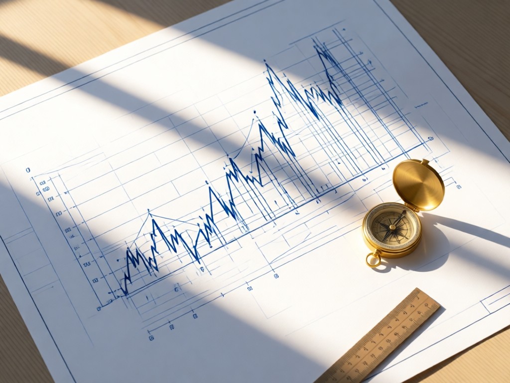 Aerial view of a precise financial blueprint on crisp white paper, surrounded by a gold compass and ruler. Soft morning light creates long shadows. Minimalist composition symbolizing accuracy. No people.