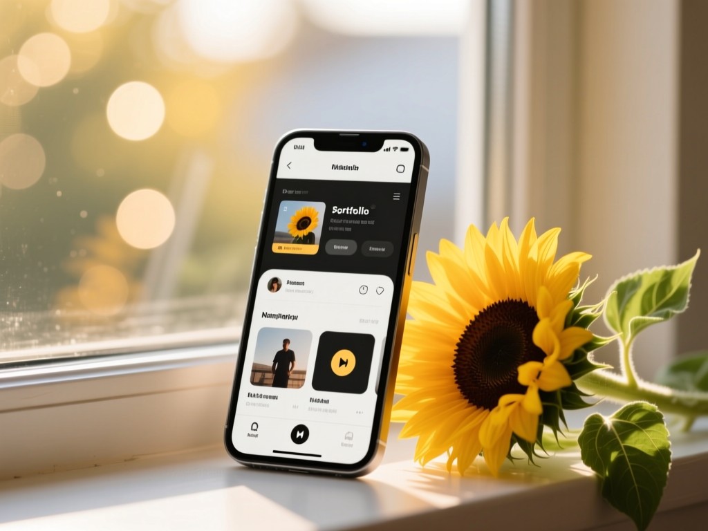 A smartphone displaying a music portfolio beside a blooming sunflower. Device rests on a sun-drenched windowsill. Warm bokeh background. Clean and inviting. No people.