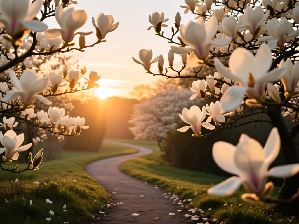 A winding path through blooming magnolia trees at sunset, soft golden light filtering through petals, symbolic of clients finding your expertise, warm color palette, no human presence.