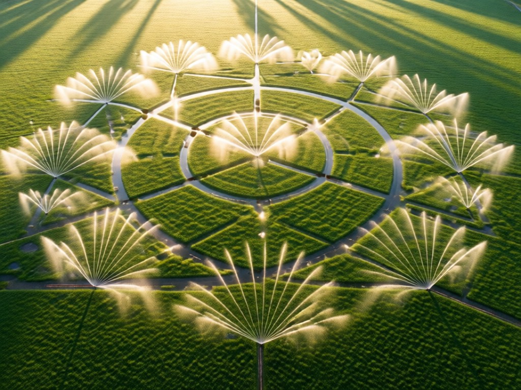 Overhead shot of perfectly aligned sprinklers creating geometric water patterns on lush grass. Morning dew effect with soft sunlight. Clean composition emphasizing precision and results.