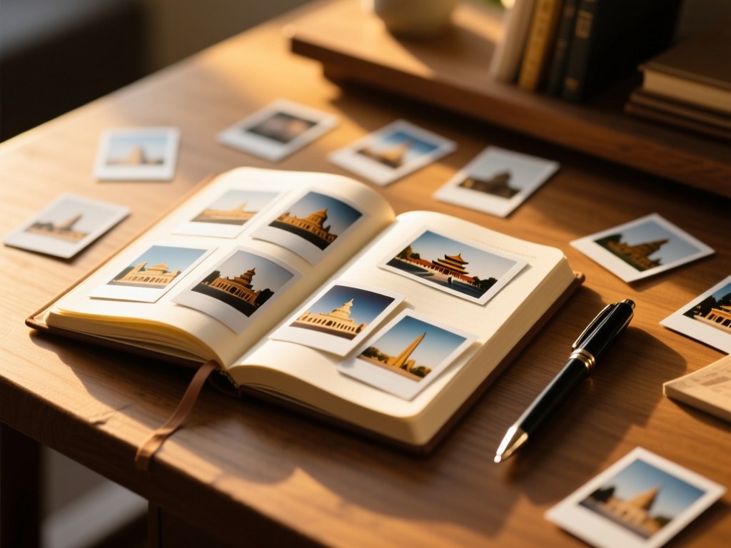 An open travel journal with polaroid photos of landmarks scattered on a wooden desk, pen beside it, soft golden hour illumination, shallow depth of field, inviting creative atmosphere, no text visible.