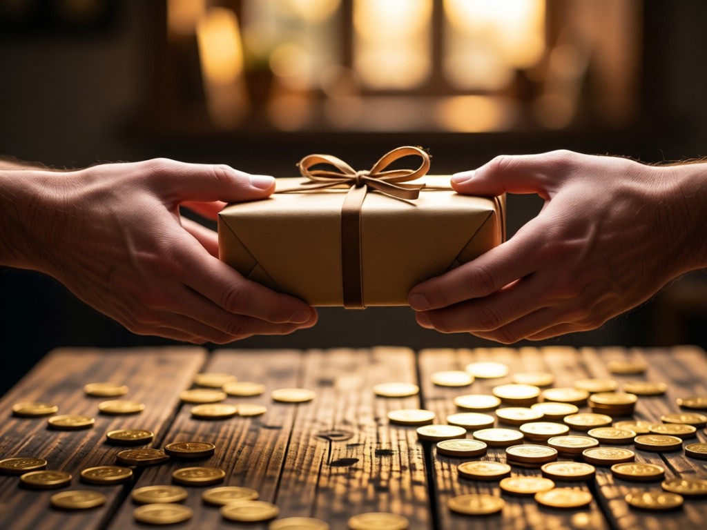 Close-up of hands exchanging a package over a rustic table. Soft bokeh background with golden coins as subtle visual metaphor. No faces shown.
