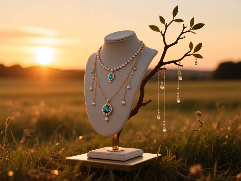 A single elegant jewelry stand in an open field at golden hour, necklaces cascading like branches, warm sunset glow, soft shadows, symbolizing growth and elegance, no people.