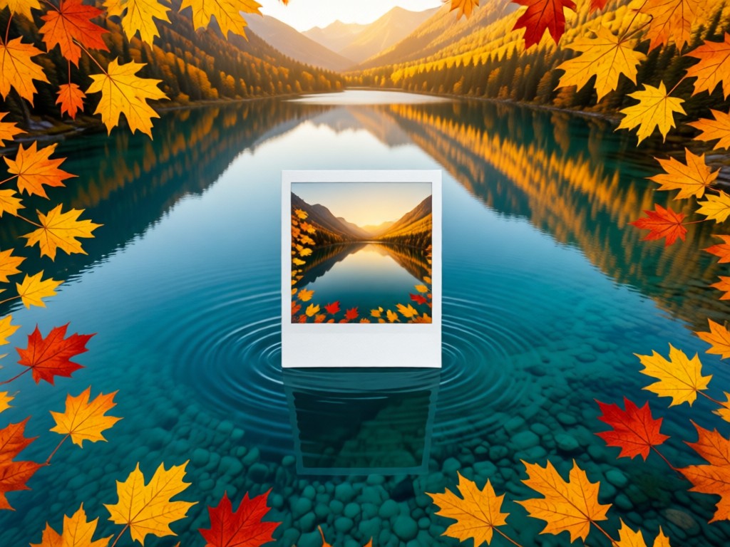 An aerial view of a single polaroid photo floating in a crystal-clear mountain lake. Surrounded by autumn leaves, symbolizing clarity and focus. Golden hour lighting. No people.