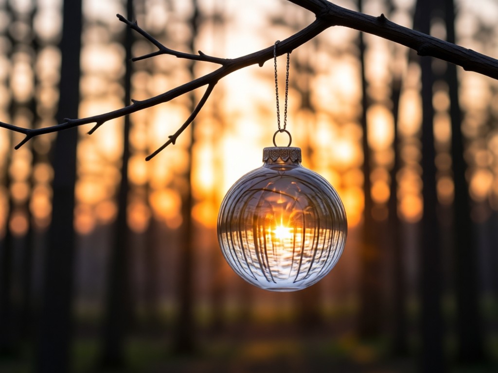A single exquisite glass ornament hanging from a bare branch against a soft-focus forest backdrop. Sunset light creates a warm glow through the ornament. The scene symbolizes focus and beauty. No people.