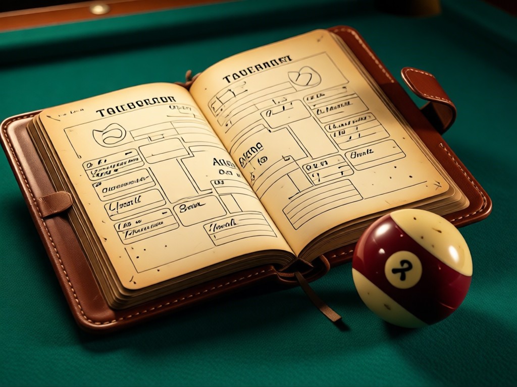 Close-up of a leather-bound scorebook open to a tournament bracket page. A vintage pool ball rests beside it on felt. Warm side lighting.
