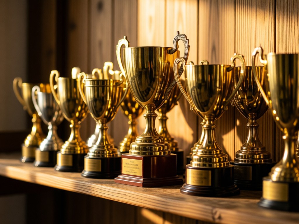 A cluster of vintage dog show trophies reflecting golden hour light on a rustic shelf. Soft bokeh background of wood grain.