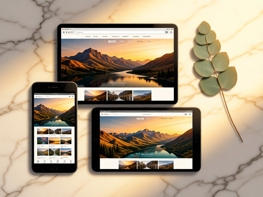 Three devices showing the same photography website against a marble surface. Golden light creates soft gradients across the screens. A single eucalyptus leaf rests beside them. No people.