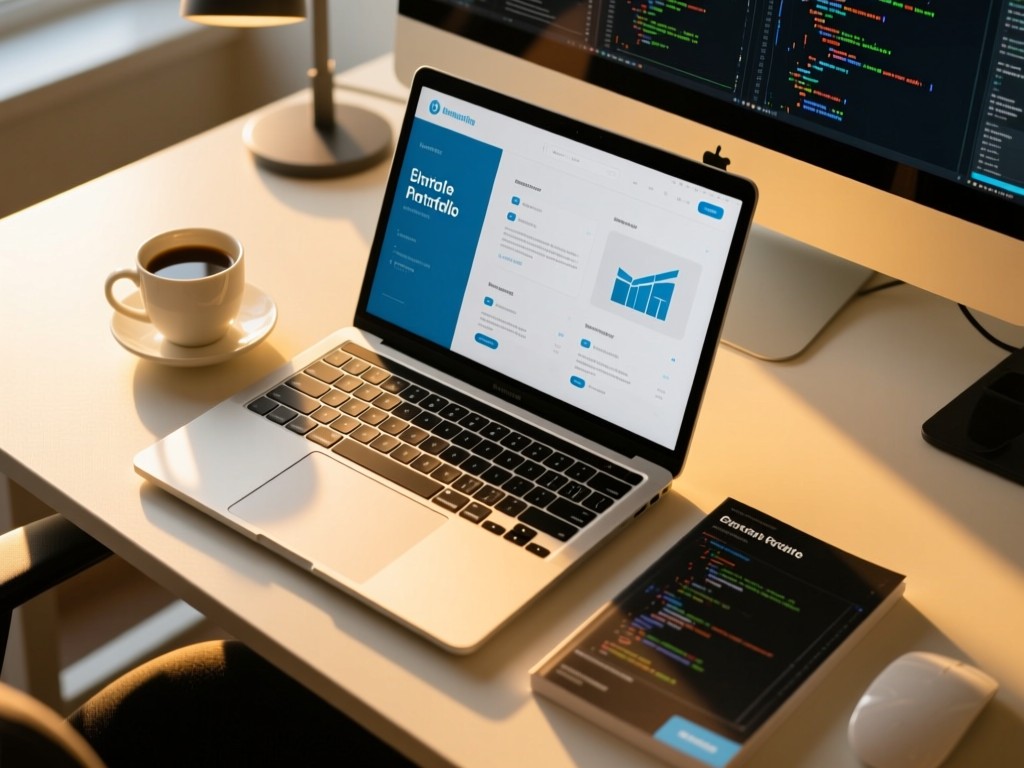 Aerial view of a modern desk with open laptop showing a clean portfolio layout. A coffee cup and coding manual sit nearby in golden hour light. Focused tech workspace. No people.