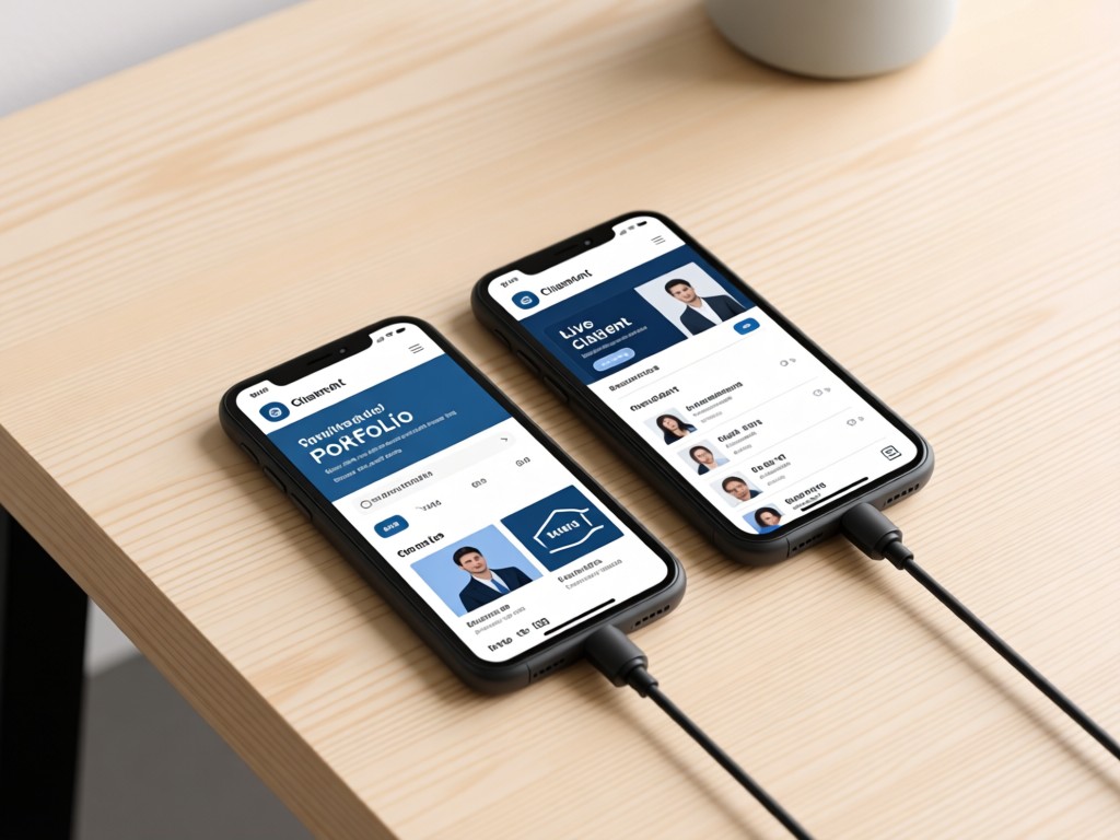 Minimalist desk setup with two connected smartphones showing client logos. One device displays a portfolio site, the other a live client page. Clean composition with breathing space.