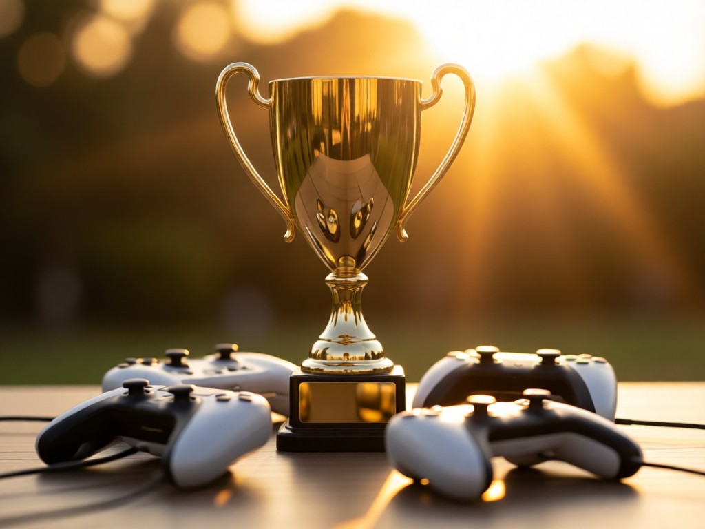 A trophy surrounded by minimalist gaming peripherals in golden hour light. Shallow depth of field blurs the background while sunlight catches metallic details. Aspirational competitive vibe. No people.