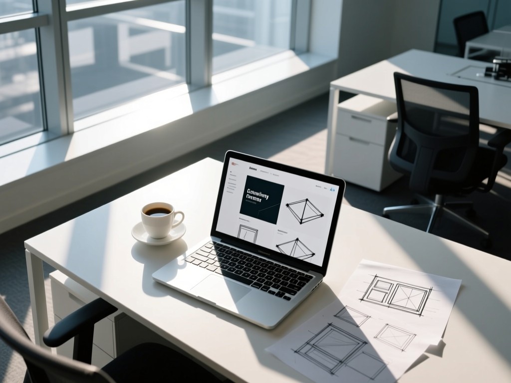 Aerial view of a sleek agency workspace: open MacBook showing portfolio, wireframe sketches, and a coffee cup. Morning light streams through floor-to-ceiling windows creating geometric shadows. No people.