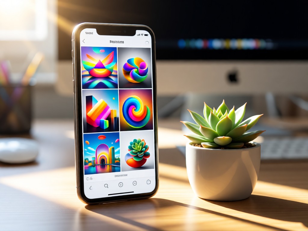 A smartphone displaying vibrant product photos beside a tiny succulent plant. Sunlight hitting the screen naturally. Desktop blurred in background.