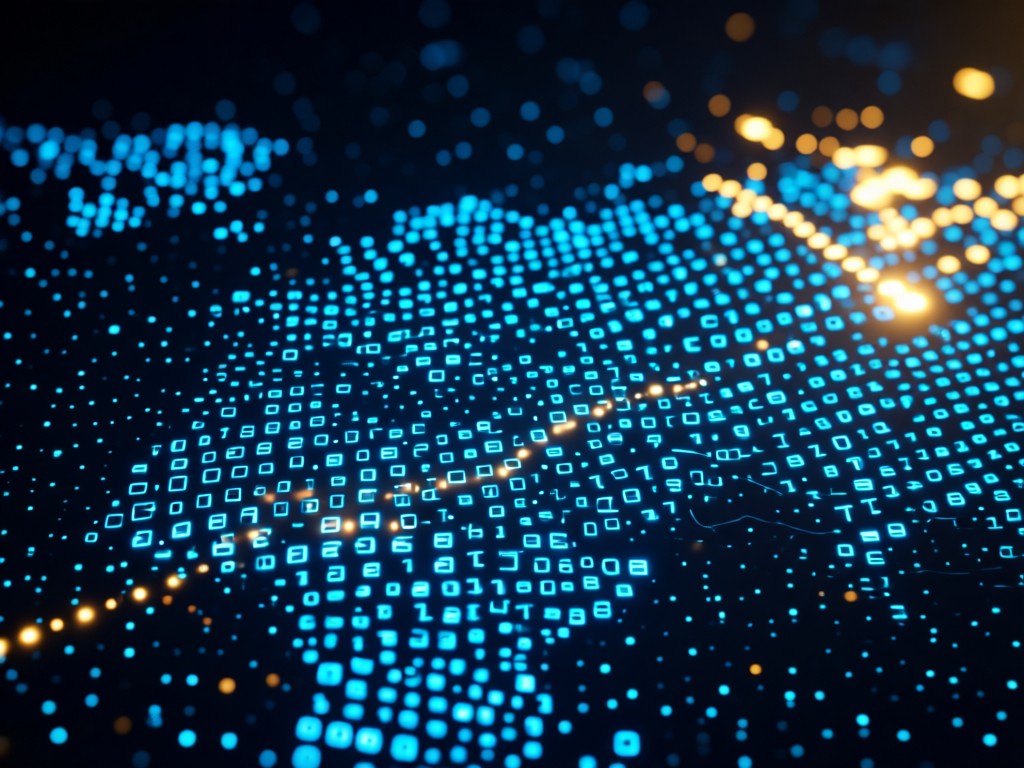 Abstract close-up of encrypted data nodes glowing blue on a dark background, symbolizing secure connections. Golden light accents create depth and warmth. No people.
