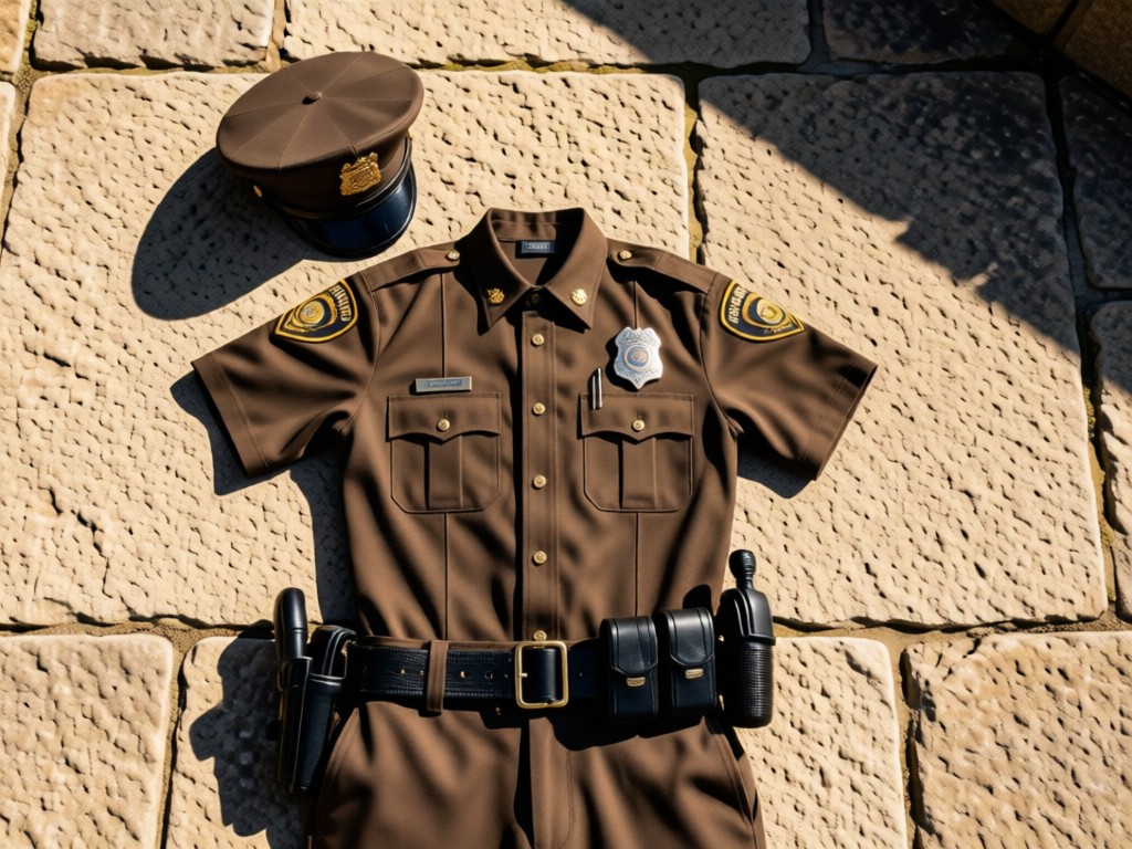 Aerial view of a complete police uniform ensemble arranged precisely on stone surface: hat, shirt, badge, and belt. Midday sun creates defined shadows with ample negative space. Earth tones dominate. No people.