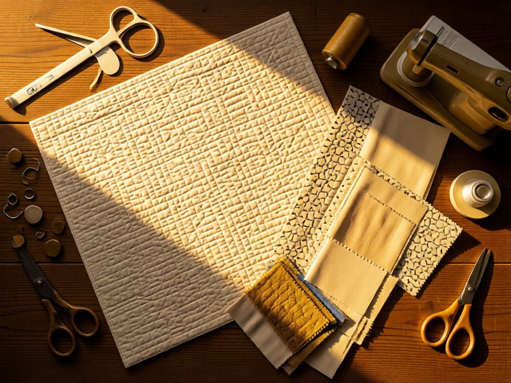 Flat lay of quilt pattern papers, fabric swatches, and sewing tools on a wooden table. Golden light highlights paper textures and fabric grains. No people.