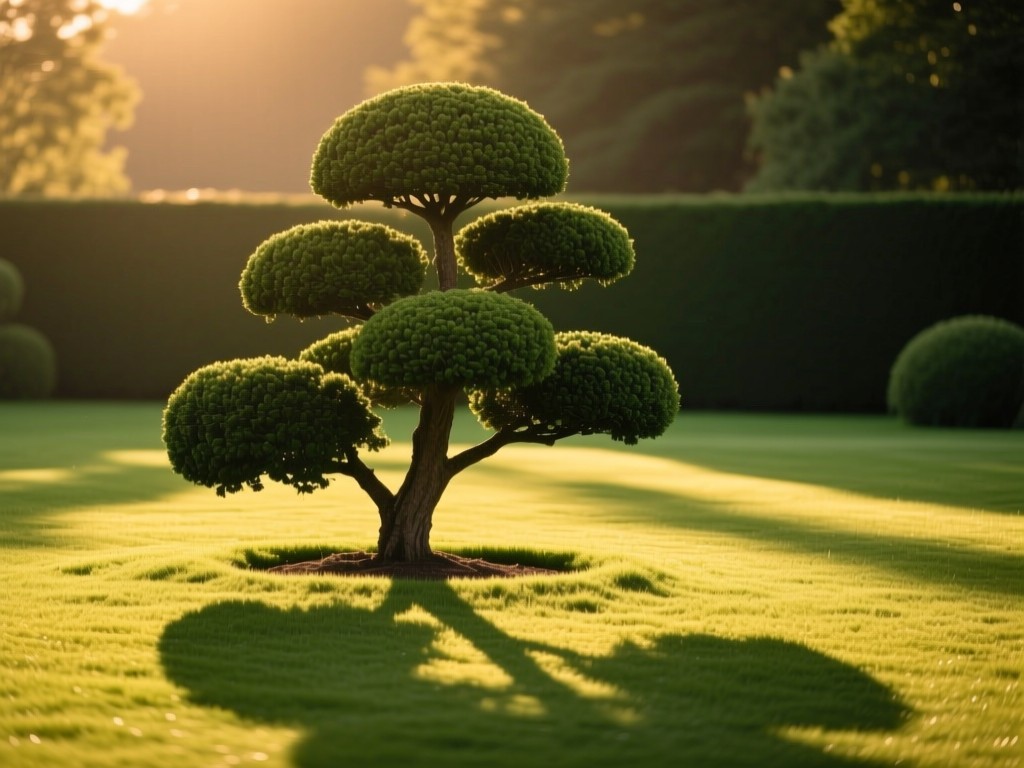 A perfectly pruned topiary tree in golden hour light, symbolizing crafted excellence, casting long shadows on manicured lawn, vibrant greens and warm earth tones, minimalist composition, no people.