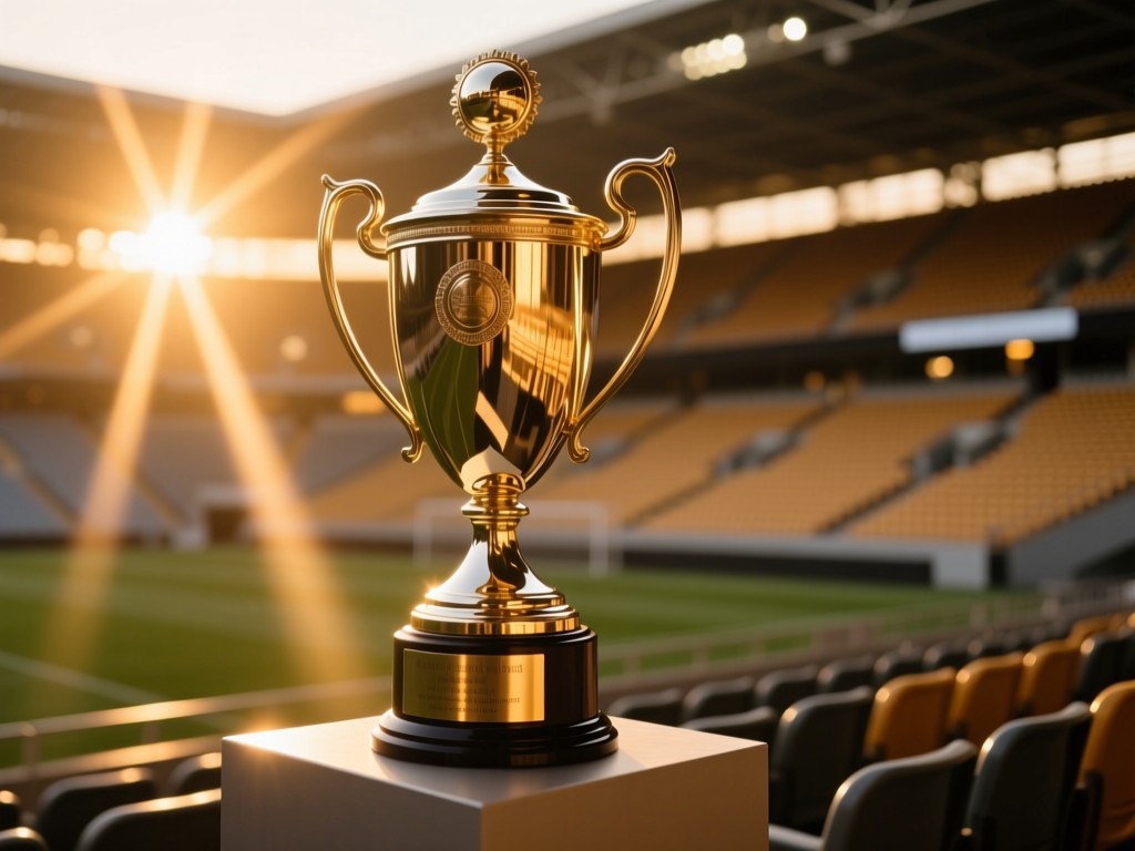 A championship trophy on a pedestal in an empty stadium during golden hour, light rays emphasizing its prominence against blurred stadium seats, warm metallic reflections.