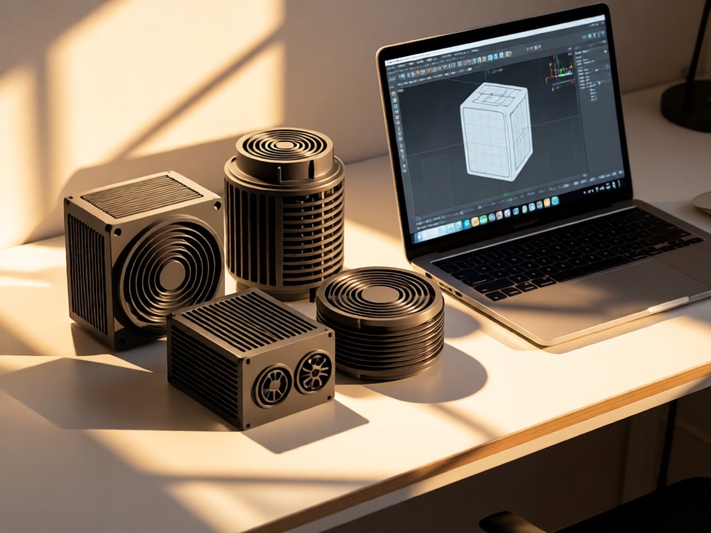 An angled view of 3D-printed HVAC components arranged beside a laptop displaying CAD software. Warm sunlight creates crisp shadows on a minimalist desk. Focus on technical precision. No people.